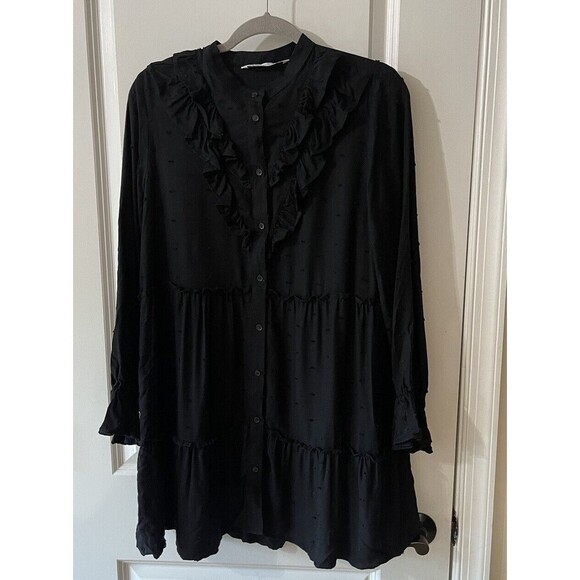Zara Women’s Small Black Tiered Ruffle Long Sleeve Dress Babydoll - Picture 2 of 10